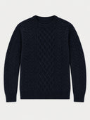A dark navy blue cable-knit crewneck sweater with a ribbed collar, cuffs, and hem, displayed flat against a light gray background.