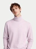 Men's Lavender Fog Cashmere Essential Turtle Neck Sweater worn by model detail view,  on white backround