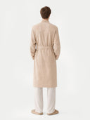 Organic Colour Men's Cashmere Robe Beige worn by model, back view on white background
