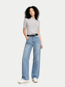 Women's Cashmere Silk Shirt with High Neck Vapor Blue  worn by model, front view on white background