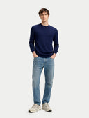 Men's Cashmere Silk C-Neck Sweater Mood Ingdigo worn by model, front view on white background