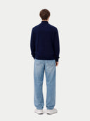 Men's Navy Full-Zip Cashmere Cardigan worn by model, back view on white background
