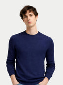 Men's Cashmere Silk C-Neck Sweater Mood Ingdigo worn by model, detail view on white background