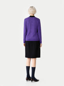Women's Grape Jam Cashmere Crewneck Sweater worn by model, back view on white background