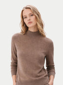Timeless Cashmere Turtleneck Sweater Taupe worn by model, detail view, on white background