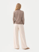 Women's Taupe Cashmere Full-Zip Cardigan worn by model, back view on white background