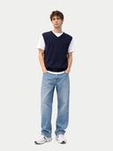 Timeless V-Neck Cashmere Vest Navy Blazer worn by model, front view, on white background