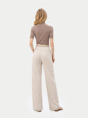 Women's Cashmere Silk Shirt with High Neck Taupe  worn by model, back view on white background