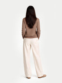Women's Taupe Cashmere Crewneck Cardigan worn by model, back view on white background