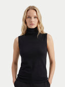 Women's Black Cashmere Silk High-Neck Top worn by model, detail view on white background