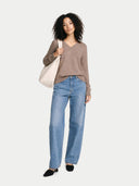Timeless Organic Cashmere V-Neck Sweater Taupe  worn by model, front view, on white background