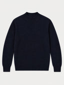 A dark navy blue knit sweater with a ribbed crew neck, cuffs, and hem, displayed flat against a light gray background.