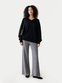 Women's Grey Cashmere Pants worn by model, front view on white background