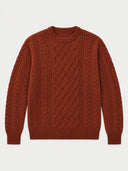 A rust-colored cable-knit crewneck sweater displayed flat against a light gray background.