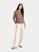 Women's Taupe Cashmere Crewneck Cardigan worn by model, front view on white background