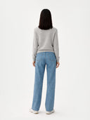 Women's Grey Cashmere Crewneck Cardigan worn by model, back view on white background