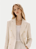 Women's  Double-Breasted Long Coat Beige worn by model detail view on white background
