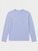 A light blue long-sleeve crewneck knit sweater with rolled edges at the neckline, cuffs and hem, shown flat against a light gray background.