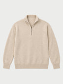 A light beige half-zip knit sweater with a ribbed mock neck, cuffs, and hem, displayed flat against a light gray background.