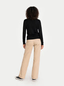 Women's Black Cashmere  V-Neck  Cardigan  worn by model, back view on white background