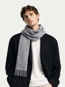 Man wearing a gray scarf and black coat on a white background