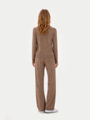 Women's Taupe Cashmere Crewneck Sweater worn by model, back view on white background