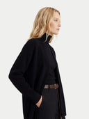 Women's Black Cashmere Open-Front Cardigan worn by model, side view on white background
