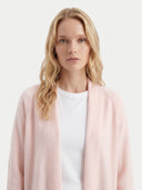  Women's Peach Blush Cashmere Open-Front Cardigan worn by model, detail view on white background