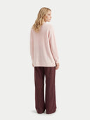  Women's Peach Blush Cashmere Open-Front Cardigan worn by model, back view on white background