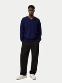 Men's Navy Cashmere V-Neck Sweater  worn by model, front view on white background