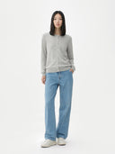 Women's Grey Cashmere Crewneck Cardigan worn by model, front view on white background