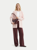  Women's Peach Blush Cashmere Open-Front Cardigan worn by model, front view on white background