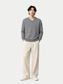 Men's Gray Cashmere V-Neck Sweater  worn by model, front view on white background
