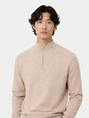 Men's Beige Half-Zip Cashmere Sweater  worn by model, detail view on white background  