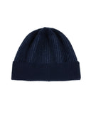 Cashmere Ribbed Knit Hat in dark blue with vertical ribbing and foldable brim for stylish and cozy wear.