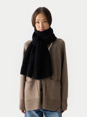 Wide Rib Knit Scarf Black  worn by model, detail view on white background