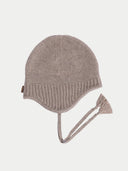  Ultimate Warmth Knit Tie Hat Taupe  detail view on white background
