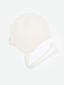 Ultimate Warmth Knit Tie Hat White detail view on white background
