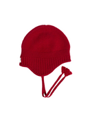 Ultimate Warmth Knit Tie Hat in warm red, crafted from pure cashmere, featuring ear flaps for extra warmth and comfort.