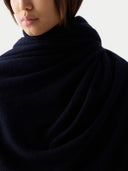 Lightweight Cashmere Shawl Navy Blazer   worn by model, detail view on white background