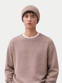 Unisex Beanie Taupe  worn by model front view on white background
