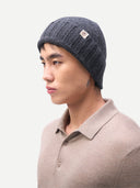 Unisex Beanie Charcoal  worn by model side view on white background