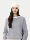 Unisex Beanie Off White  worn by model, detail view on white background
