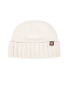 Cashmere Chunky Rib-Knit Cuffed Beanie in off-white, showcasing deep rib texture and wide turn-up cuff, size one size.