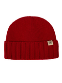 Cashmere Chunky Rib-Knit Cuffed Beanie in warm red with deep rib texture and wide turn-up cuff.