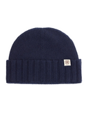 Cashmere Chunky Rib-Knit Cuffed Beanie in navy color, featuring ribbed texture and wide turn-up cuff.