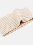 A beige cashmere ribbed knit headband with a small white rectangular brand tag, displayed flat against a light gray background. #color_beige