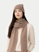 Unisex Organic Cashmere Fisherman Knit Scarf Taupe worn by model, detail view on white background