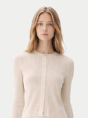 Women's Hidden Button-Front Cashmere Silk Cardigan Snow White  worn by model, detail view on white background