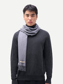 Cashmere Woven Scarf Dim Gray worn by model, detail view on white background